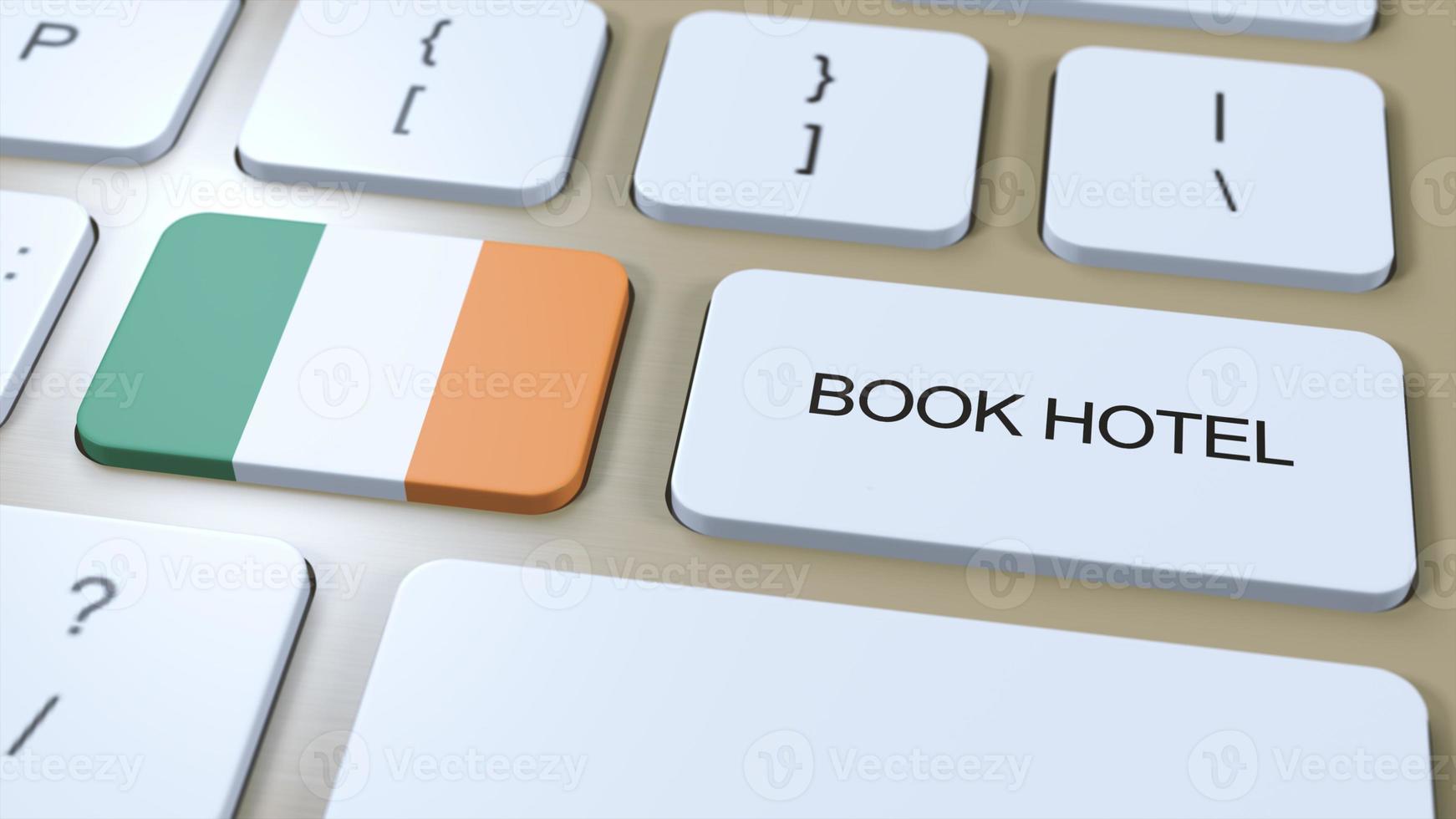 livre Hôtel dans Irlande avec site Internet en ligne. bouton sur ordinateur clavier. Voyage concept 3d animation. livre Hôtel texte et nationale drapeau. 3d illustration photo