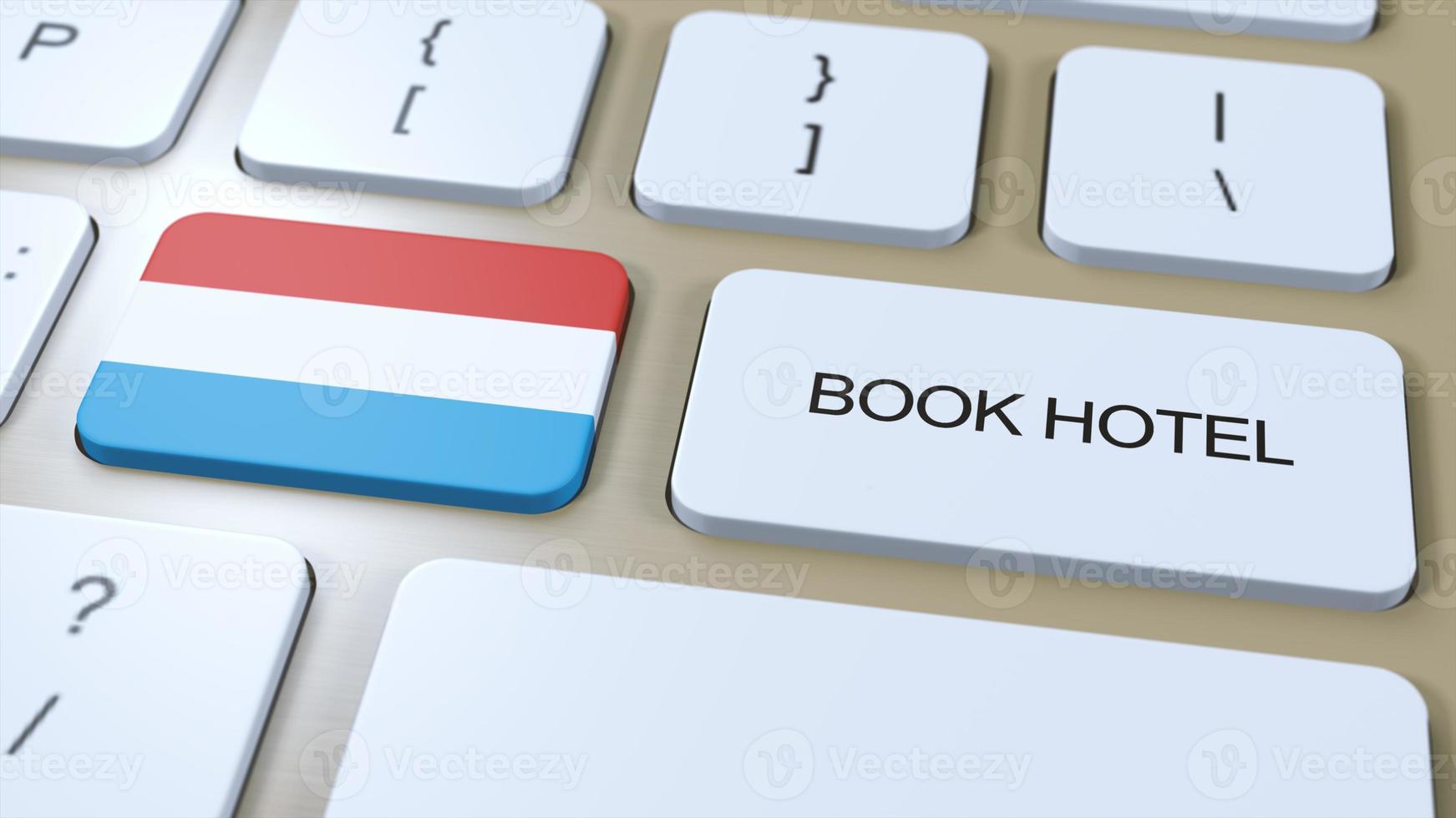 livre Hôtel dans Luxembourg avec site Internet en ligne. bouton sur ordinateur clavier. Voyage concept 3d animation. livre Hôtel texte et nationale drapeau. 3d illustration photo