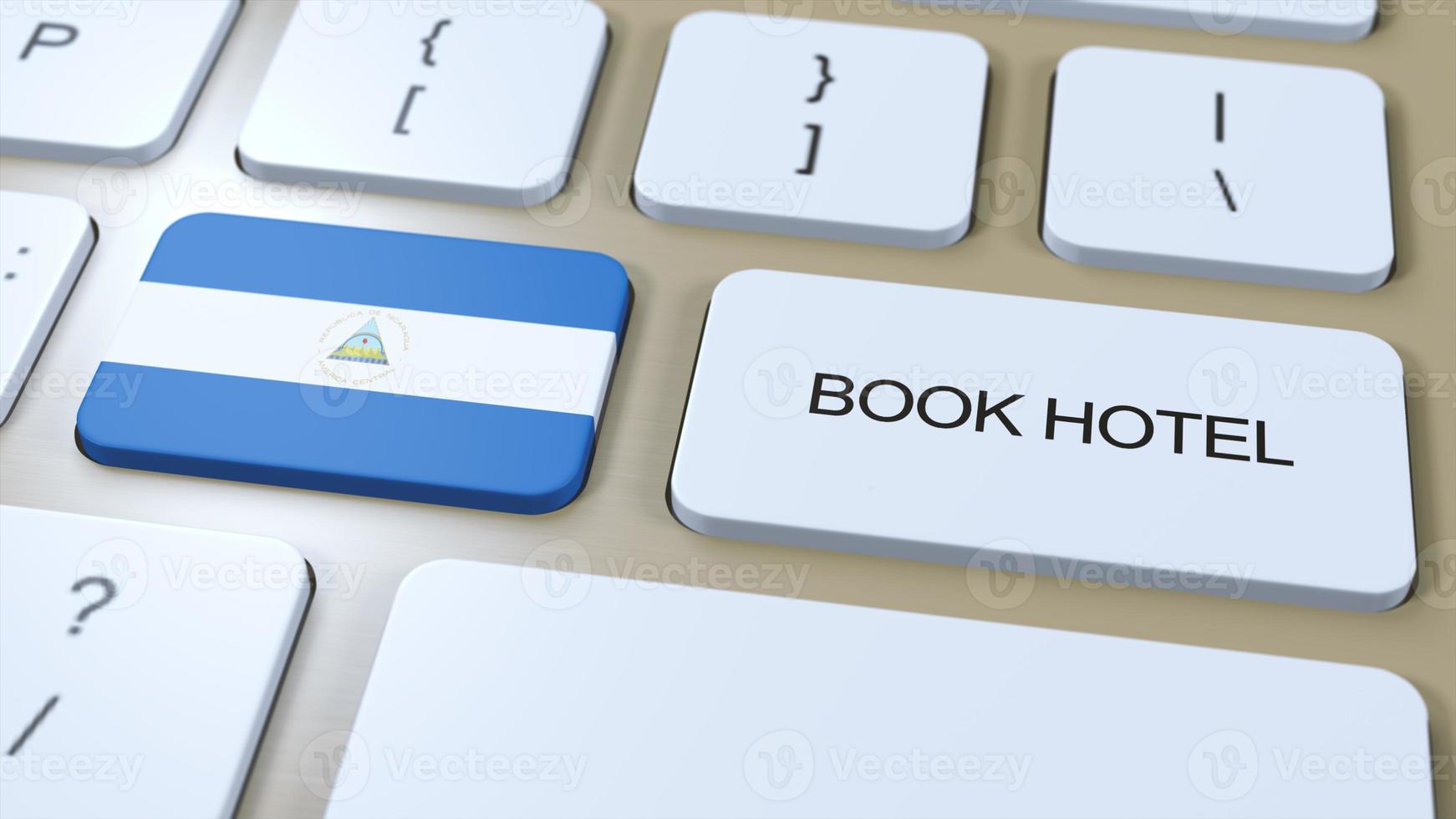 livre Hôtel dans Nicaragua avec site Internet en ligne. bouton sur ordinateur clavier. Voyage concept 3d animation. livre Hôtel texte et nationale drapeau. 3d illustration photo