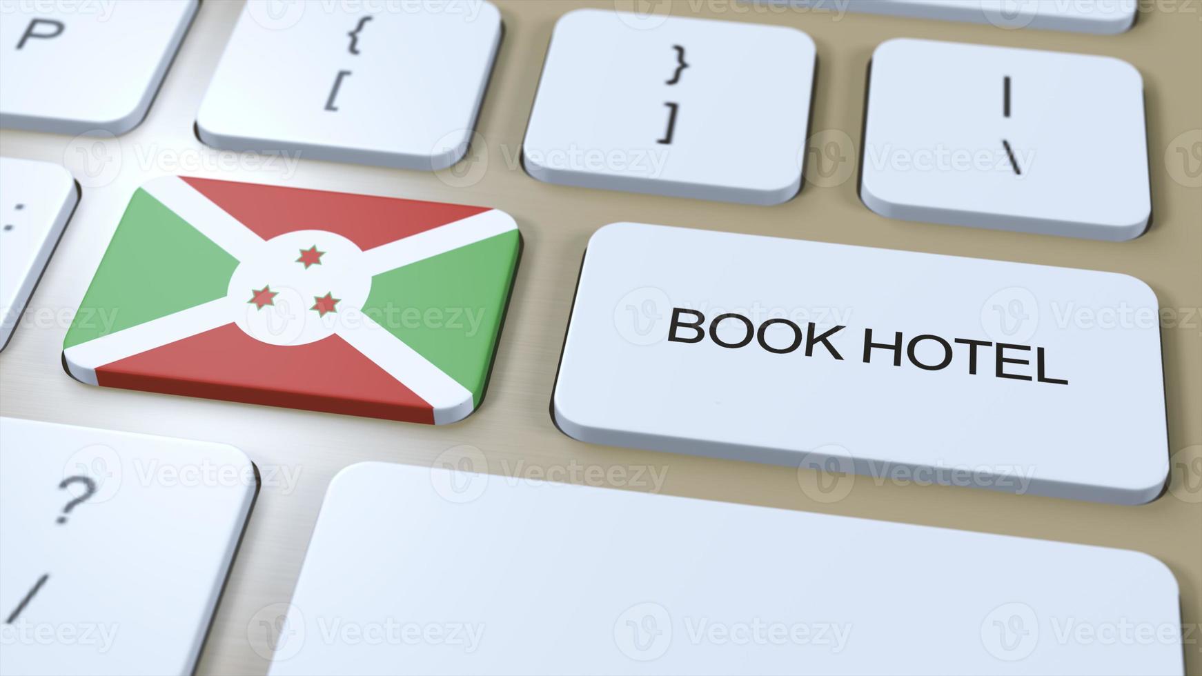 livre Hôtel dans burundi avec site Internet en ligne. bouton sur ordinateur clavier. Voyage concept 3d animation. livre Hôtel texte et nationale drapeau. 3d illustration photo