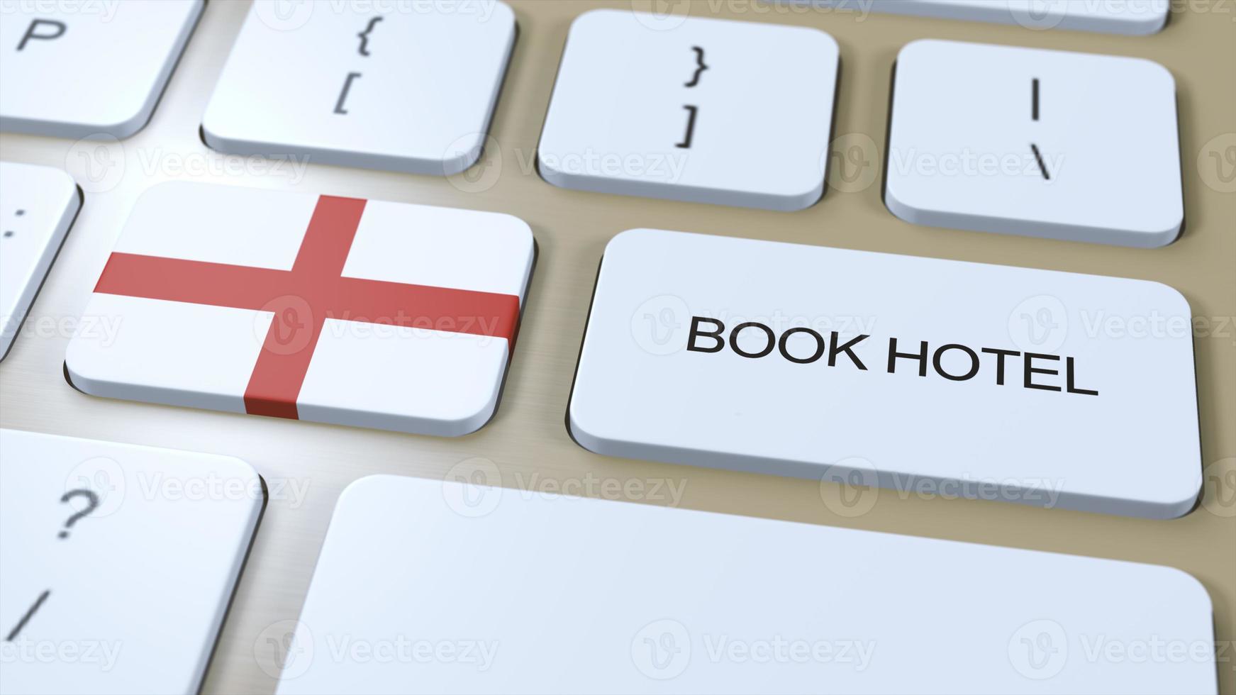 livre Hôtel dans Angleterre avec site Internet en ligne. bouton sur ordinateur clavier. Voyage concept 3d animation. livre Hôtel texte et nationale drapeau. 3d illustration photo