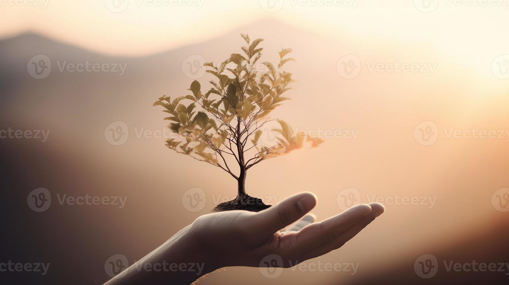 artistique mains embrasse la nature beauté en portant arbre plus de flou Contexte photo