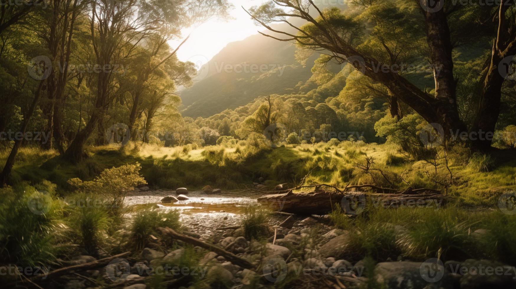 une paisible forêt clairière baigné dans chaud lumière du soleil, entouré par grand des arbres et luxuriant feuillage, avec une doux courant ruisselant par le broussailles et une loin Montagne intervalle visible photo