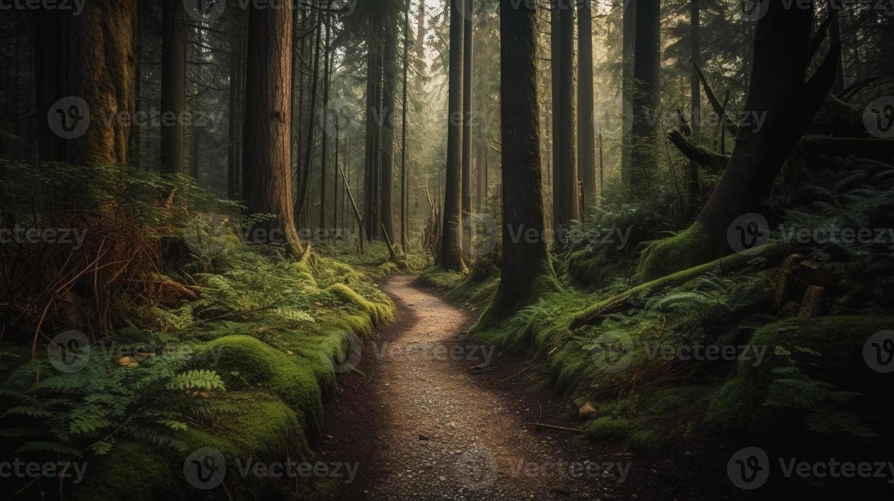 brumeux chemin par le forêt ,coucher de soleil dans une foncé forêt avec des rayons de lumière qui passe par le des arbres photo