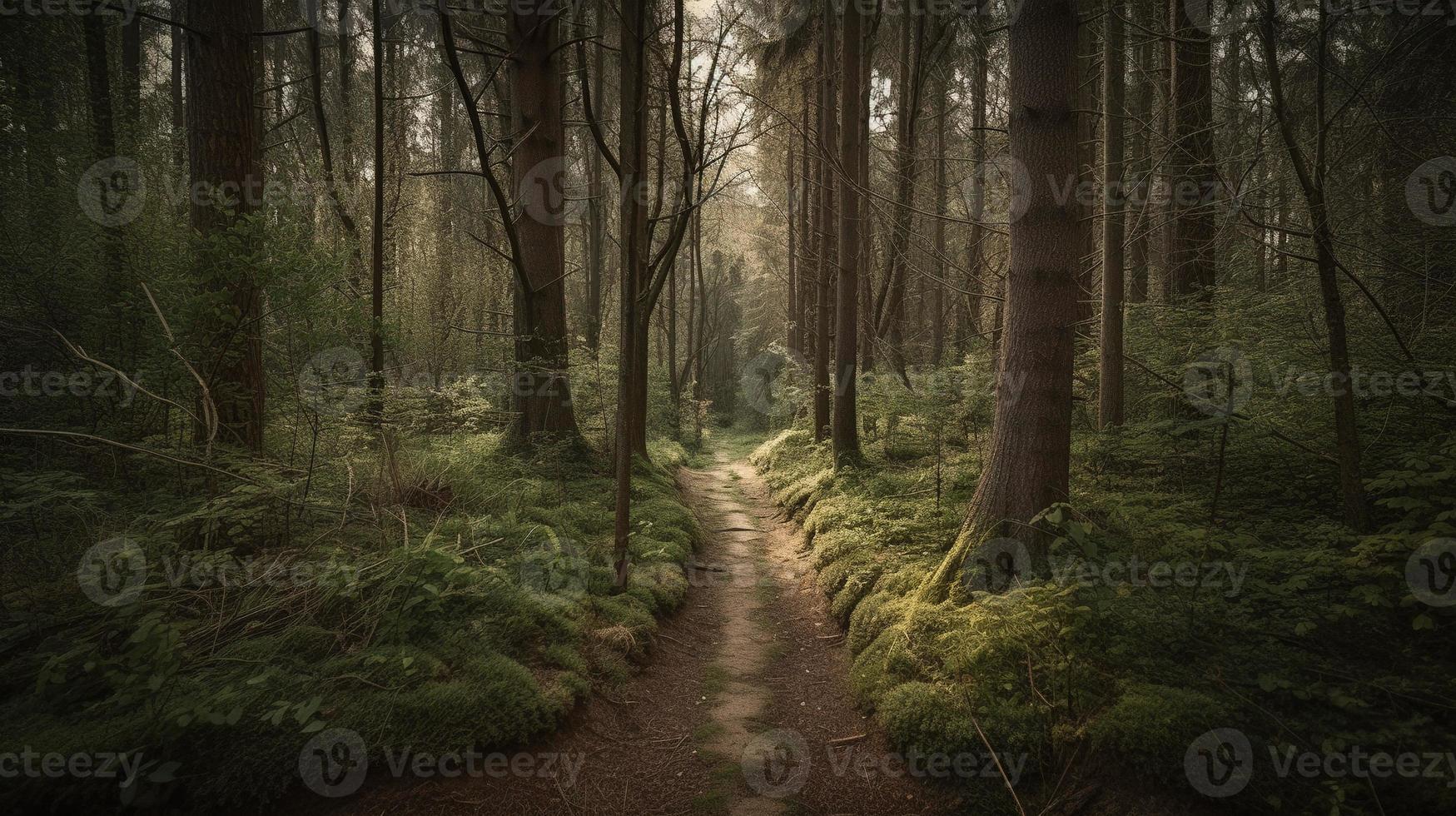 brumeux chemin par le forêt ,coucher de soleil dans une foncé forêt avec des rayons de lumière qui passe par le des arbres photo