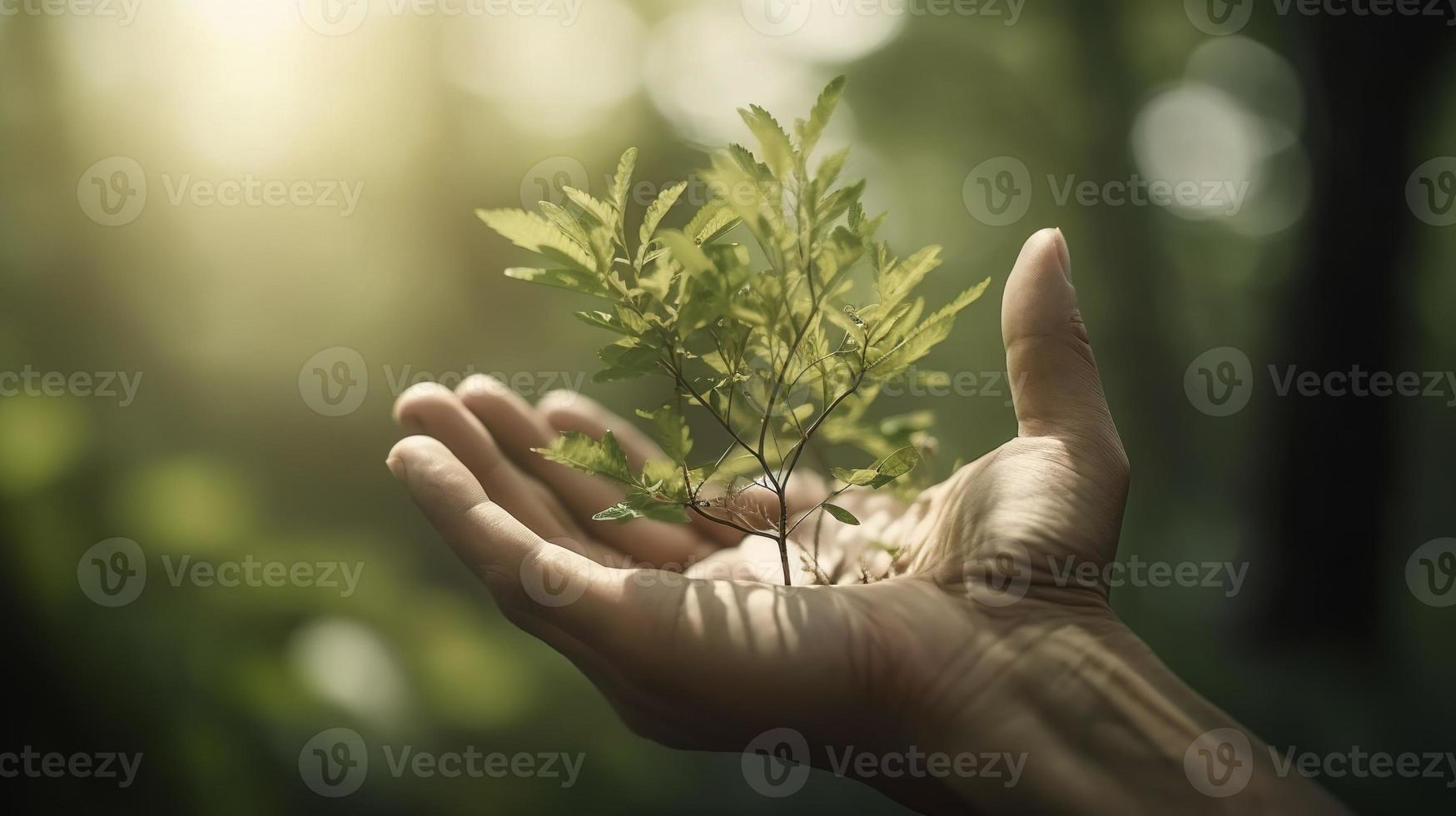 artistique mains embrasse la nature beauté en portant arbre plus de flou Contexte photo