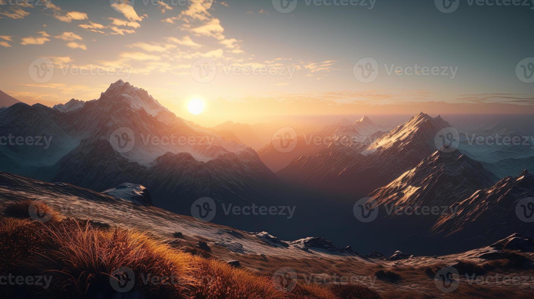 le coucher du soleil dans le montagnes. lever du soleil dans le montagnes. magnifique hiver paysage, montagne paysage à le coucher du soleil. panoramique vue de le montagnes photo