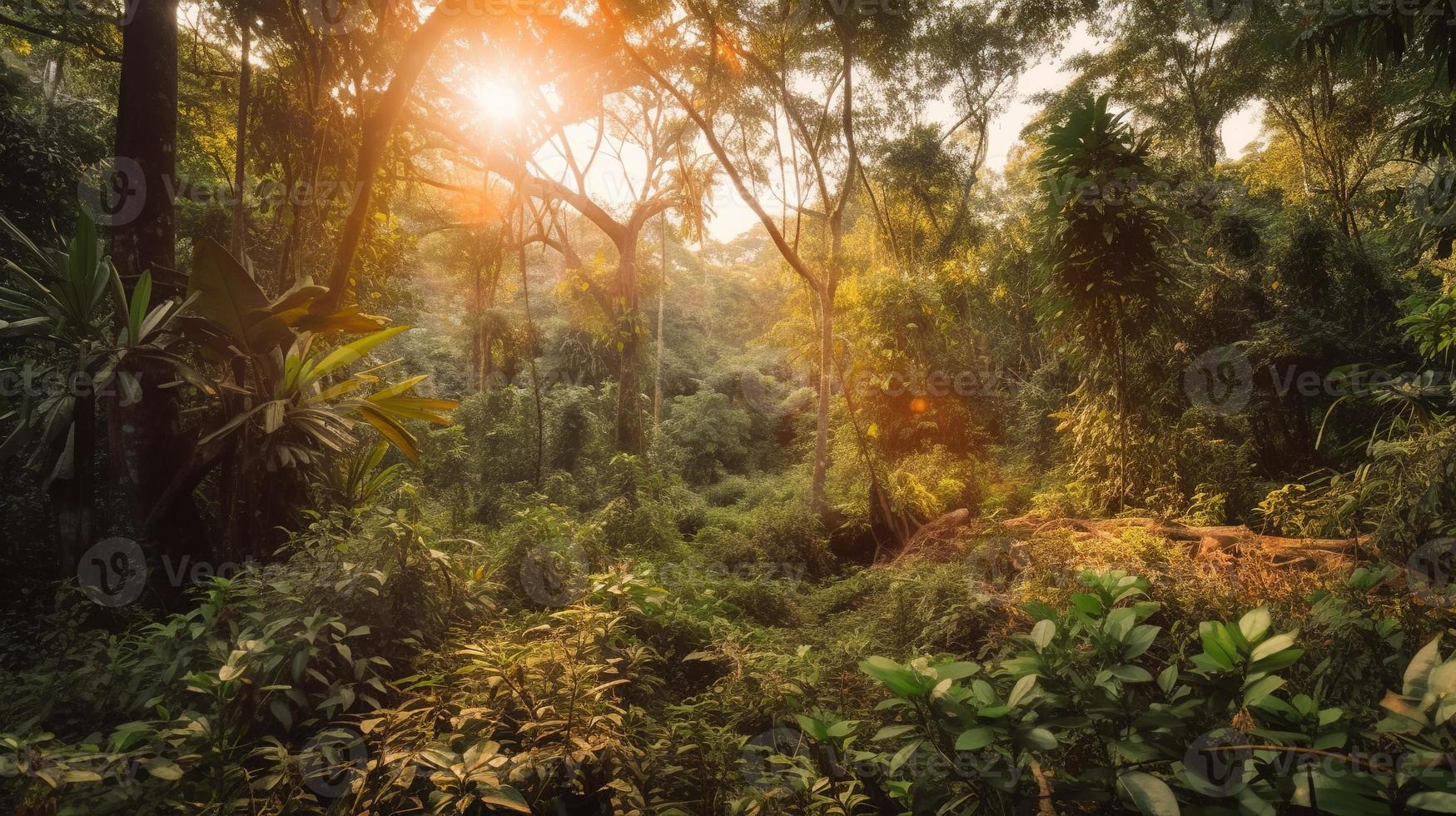 une paisible forêt clairière baigné dans chaud lumière du soleil, entouré par grand des arbres et luxuriant feuillage, avec une doux courant ruisselant par le broussailles et une loin Montagne intervalle visible photo