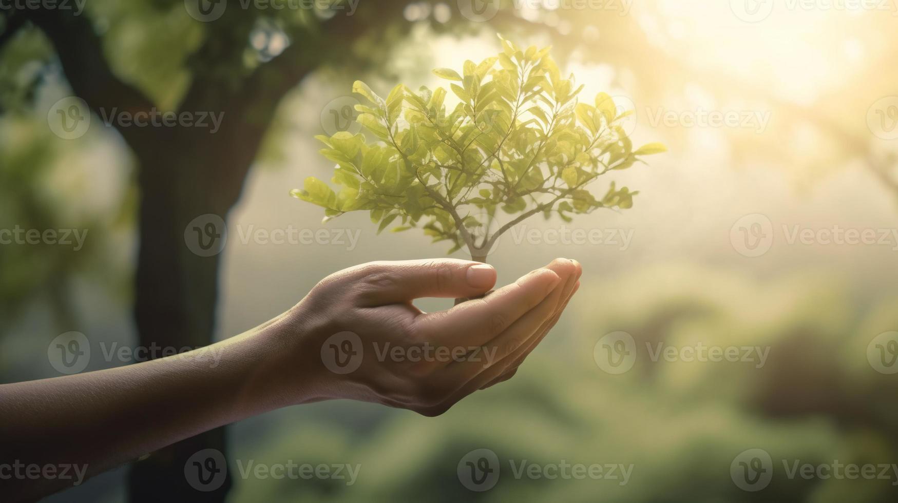 artistique mains embrasse la nature beauté en portant arbre plus de flou Contexte photo