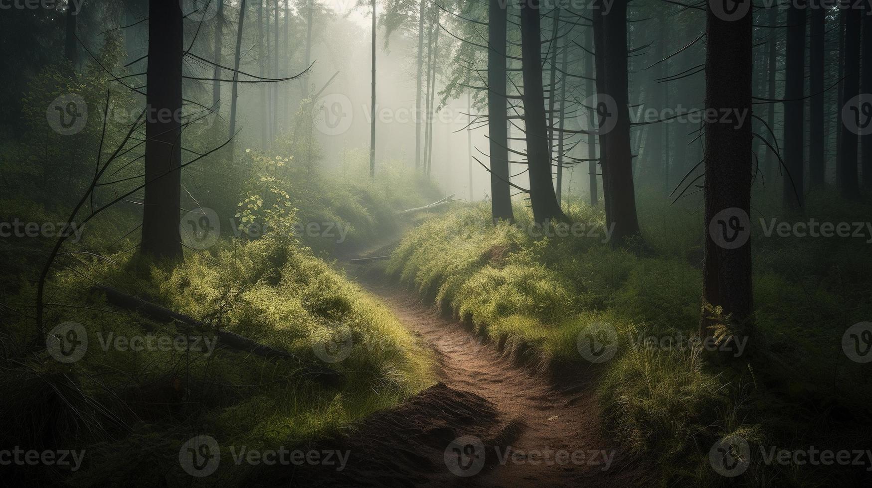 brumeux chemin par le forêt ,coucher de soleil dans une foncé forêt avec des rayons de lumière qui passe par le des arbres photo