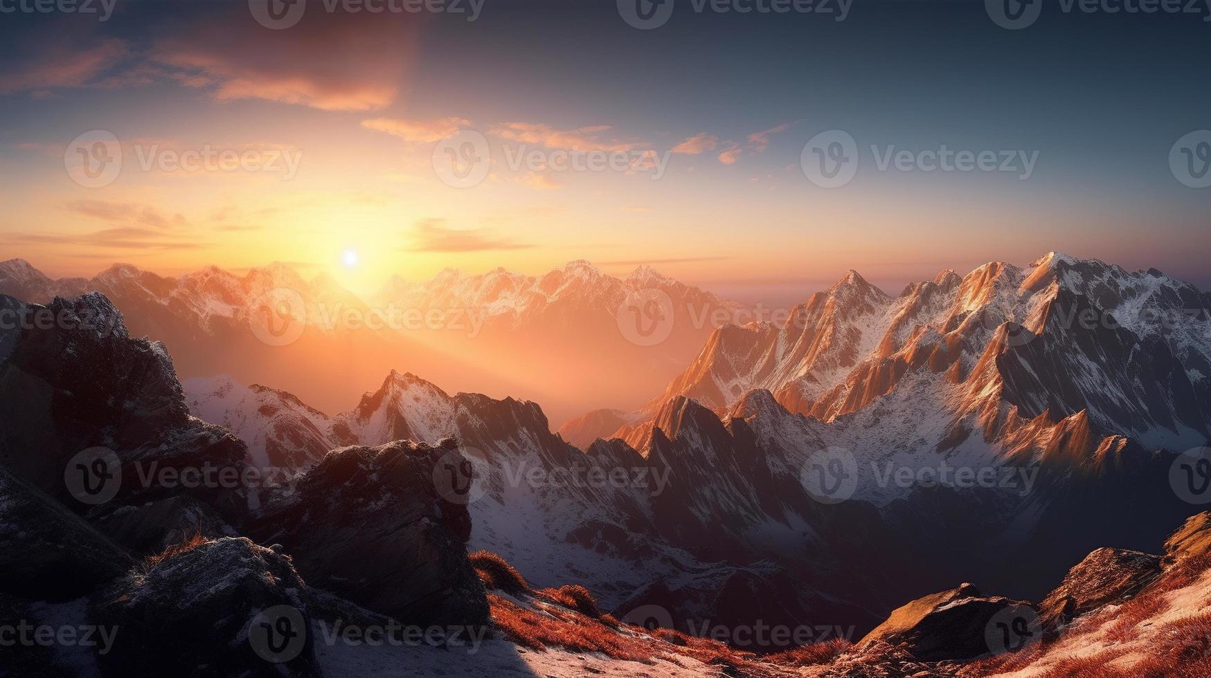 le coucher du soleil dans le montagnes. lever du soleil dans le montagnes. magnifique hiver paysage, montagne paysage à le coucher du soleil. panoramique vue de le montagnes photo