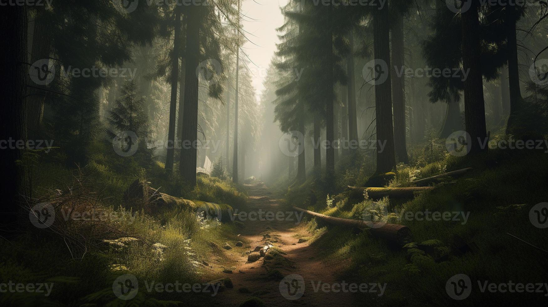 brumeux chemin par le forêt ,coucher de soleil dans une foncé forêt avec des rayons de lumière qui passe par le des arbres photo