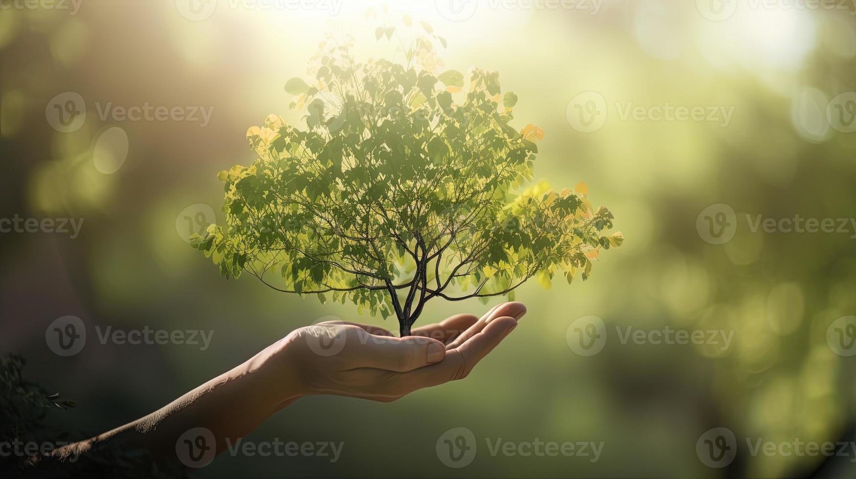 artistique mains embrasse la nature beauté en portant arbre plus de flou Contexte photo