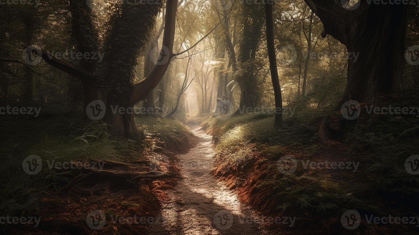 brumeux chemin par le forêt ,coucher de soleil dans une foncé forêt avec des rayons de lumière qui passe par le des arbres photo