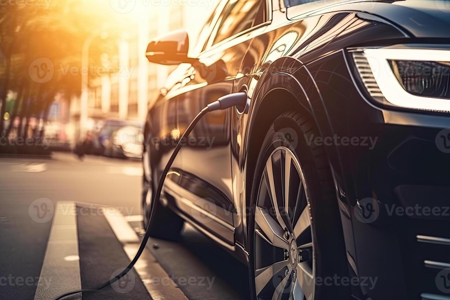 électrique voiture à mise en charge station avec branché Puissance câble. ev véhicule dans ville. établi avec génératif ai photo