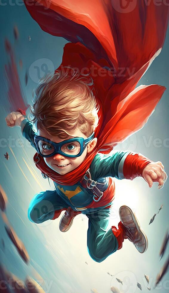 enfant super héros en volant génératif ai photo
