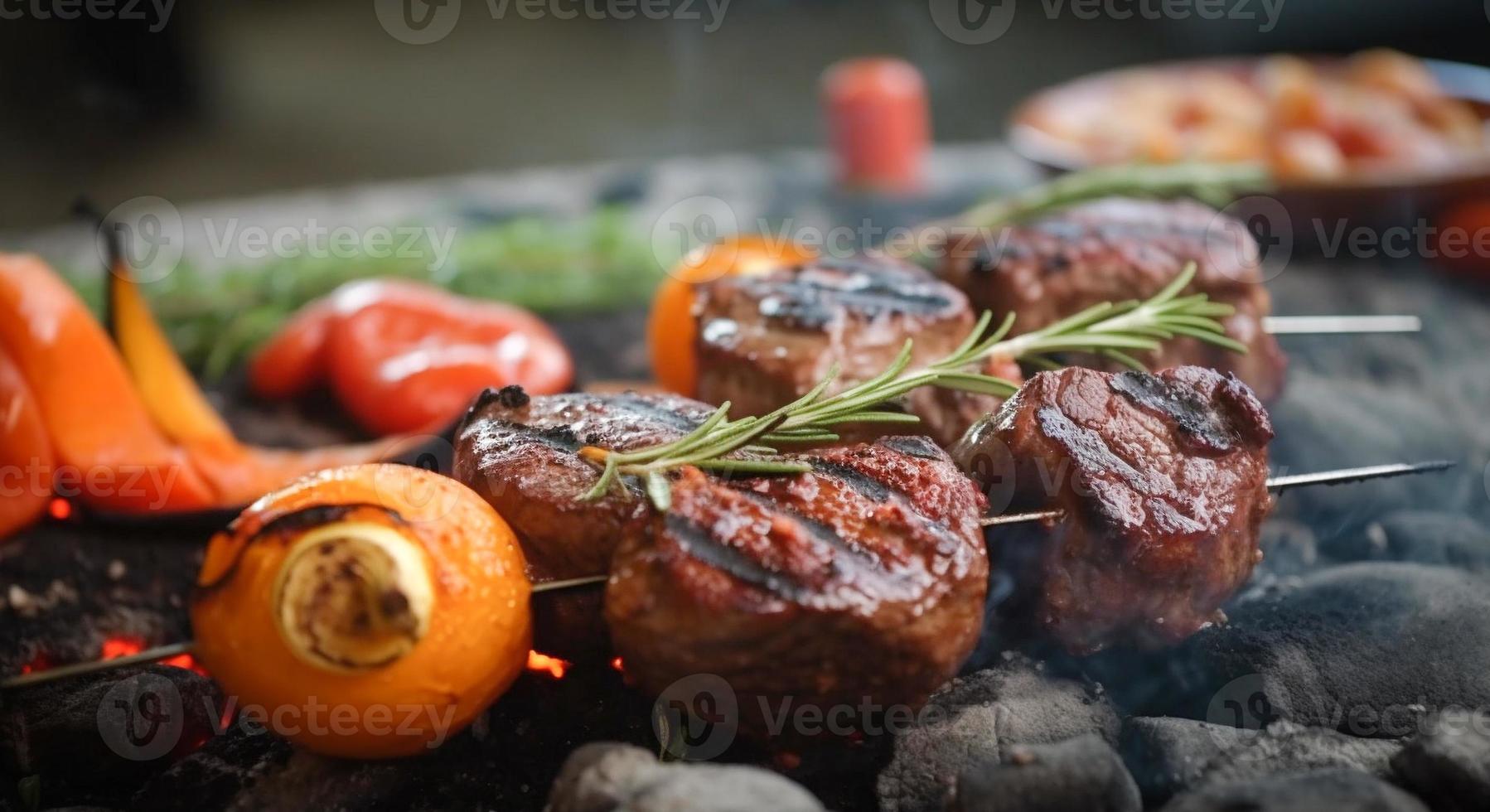 Frais succulent légume et steak kebab sur le flamme gril - génératif ai. photo