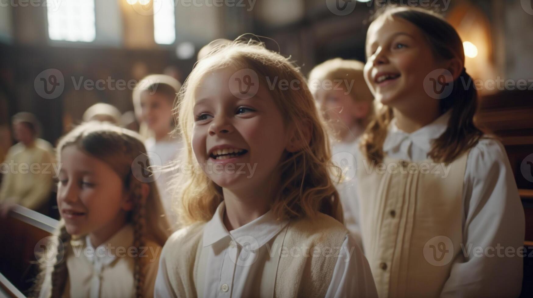 Jeune les filles recueillir dans le église pour le chorale en chantant - généraliste ai. photo