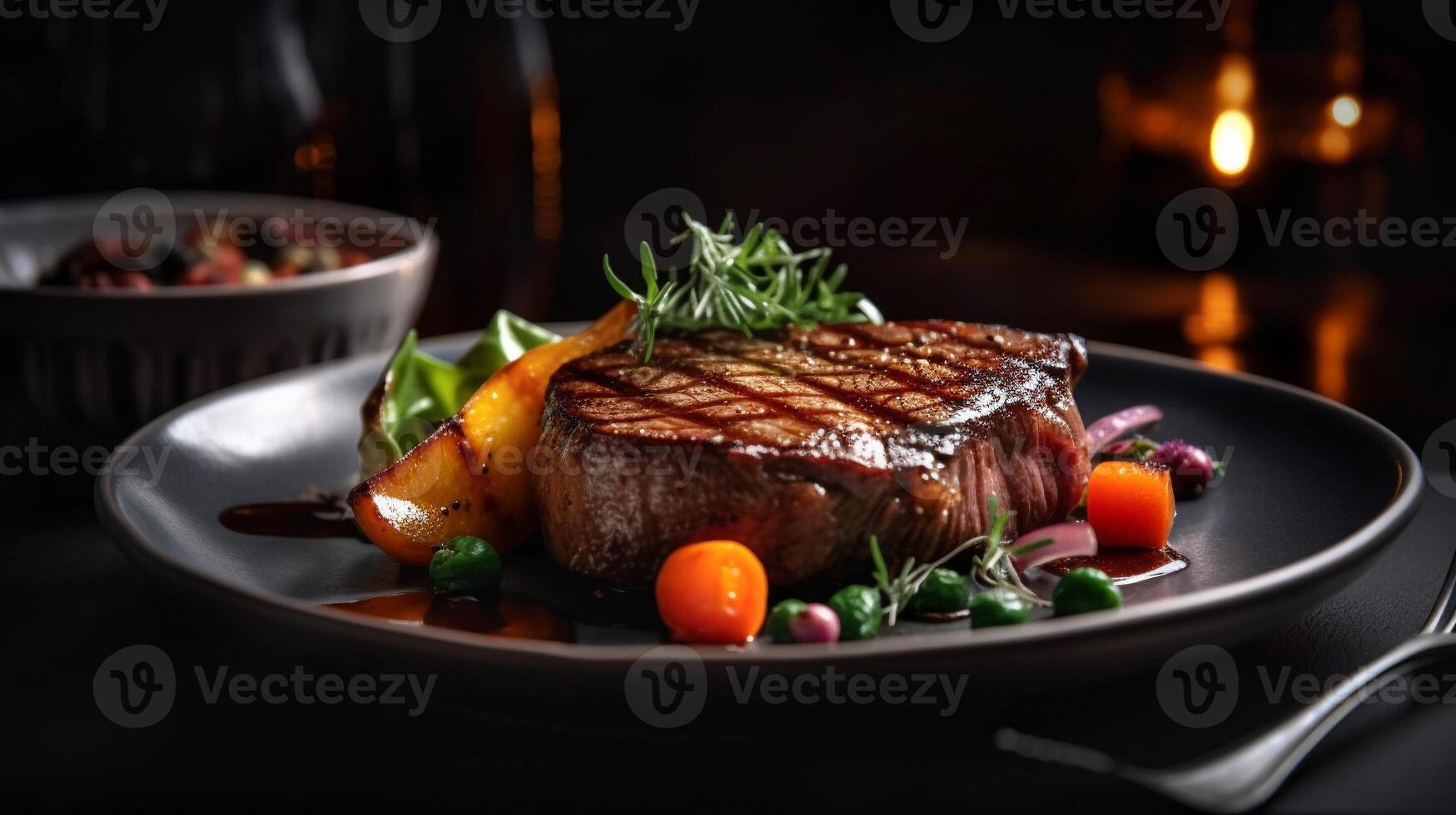 Frais succulent Haut aloyau steak avec sautés des légumes sur le flamme gril - génératif ai.- génératif ai. photo