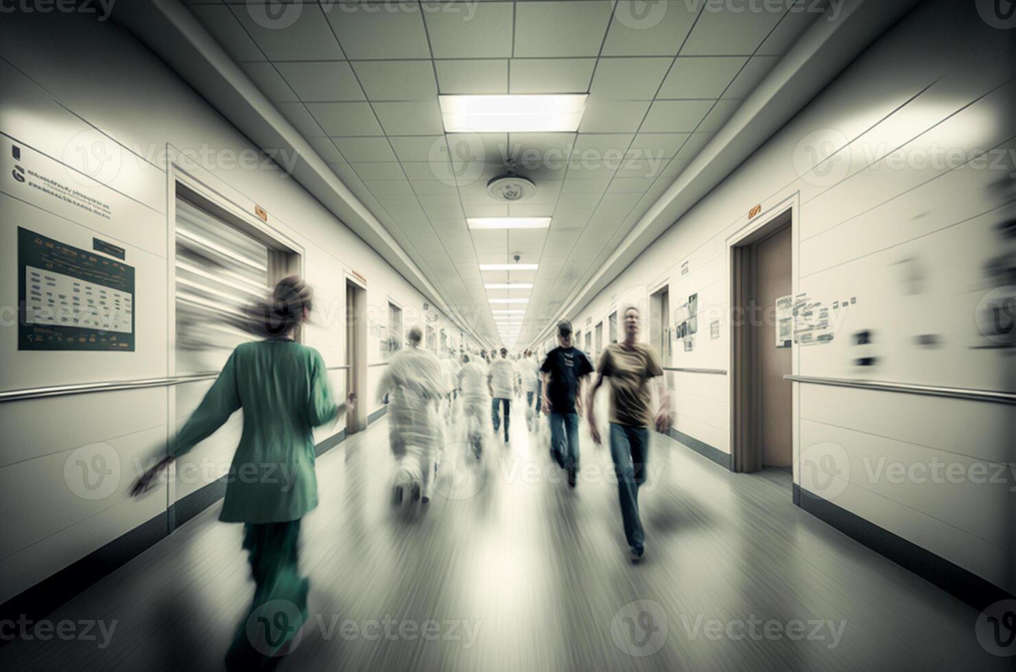 hôpital Personnel se précipiter vers le bas le occupé couloir - génératif ai. photo