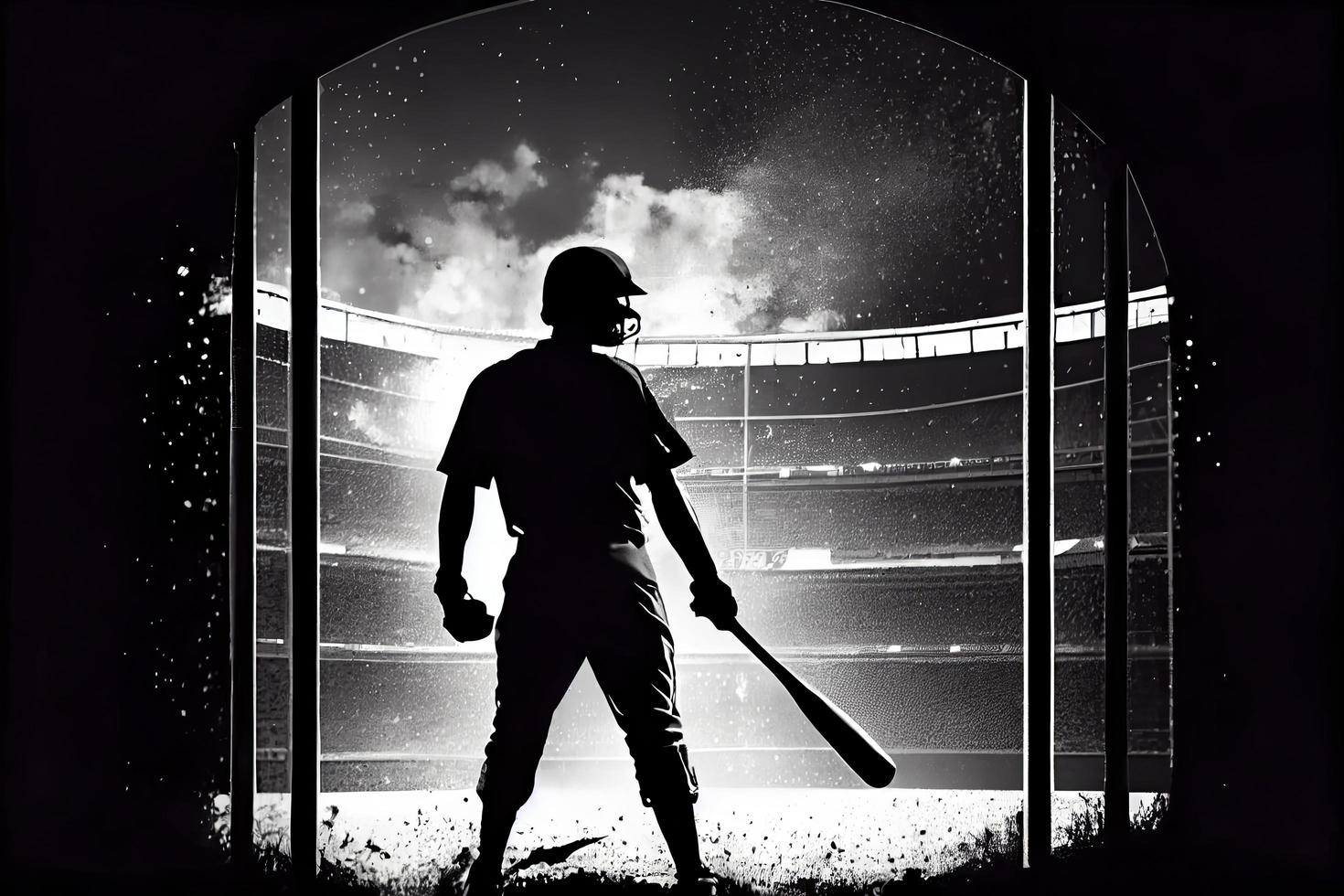 silhouette, le image de une base-ball joueur avec une chauve souris sur le Contexte de le stade photo