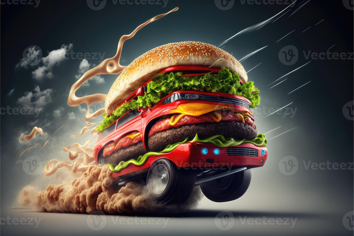 ai généré Burger livraison. vite Hamburger auto. cheeseburger comme vite nourriture auto. mascotte Burger voiture conception. logotype pour restaurant ou café. rue nourriture Festival symbole avec Burger dans dessin animé style. photo