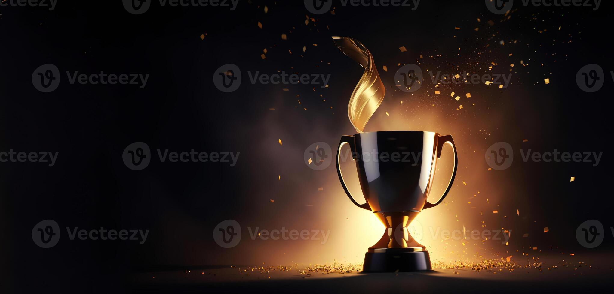 génératif ai, gagnant trophée avec flammes, d'or champion tasse avec chute confettis sur foncé Contexte photo