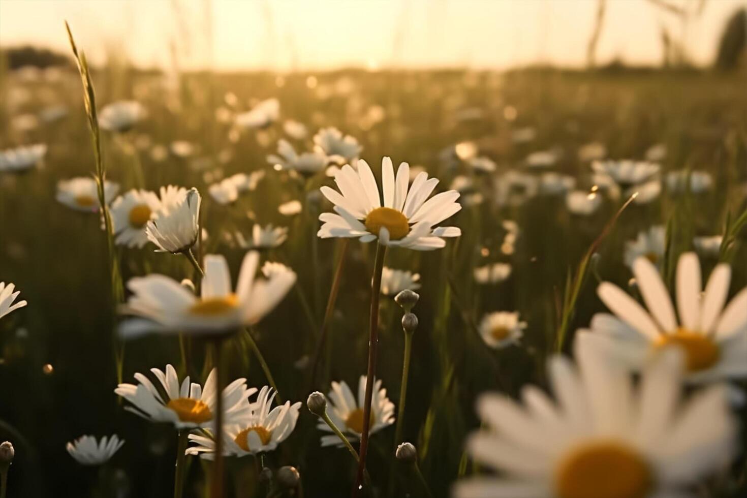 blanc Marguerite fleurs champ Prairie dans le coucher du soleil lumières. champ de blanc marguerites dans le vent balancement proche en haut. concept la nature. génératif ai photo