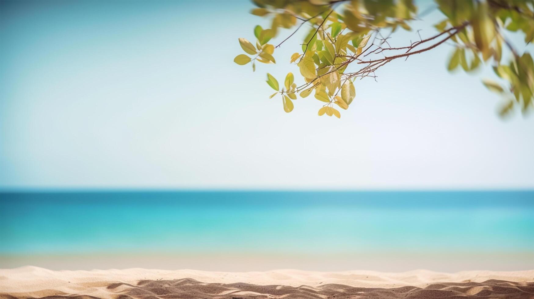 magnifique été exotique sablonneux plage avec flou arbre et mer sur Contexte génératif ai photo