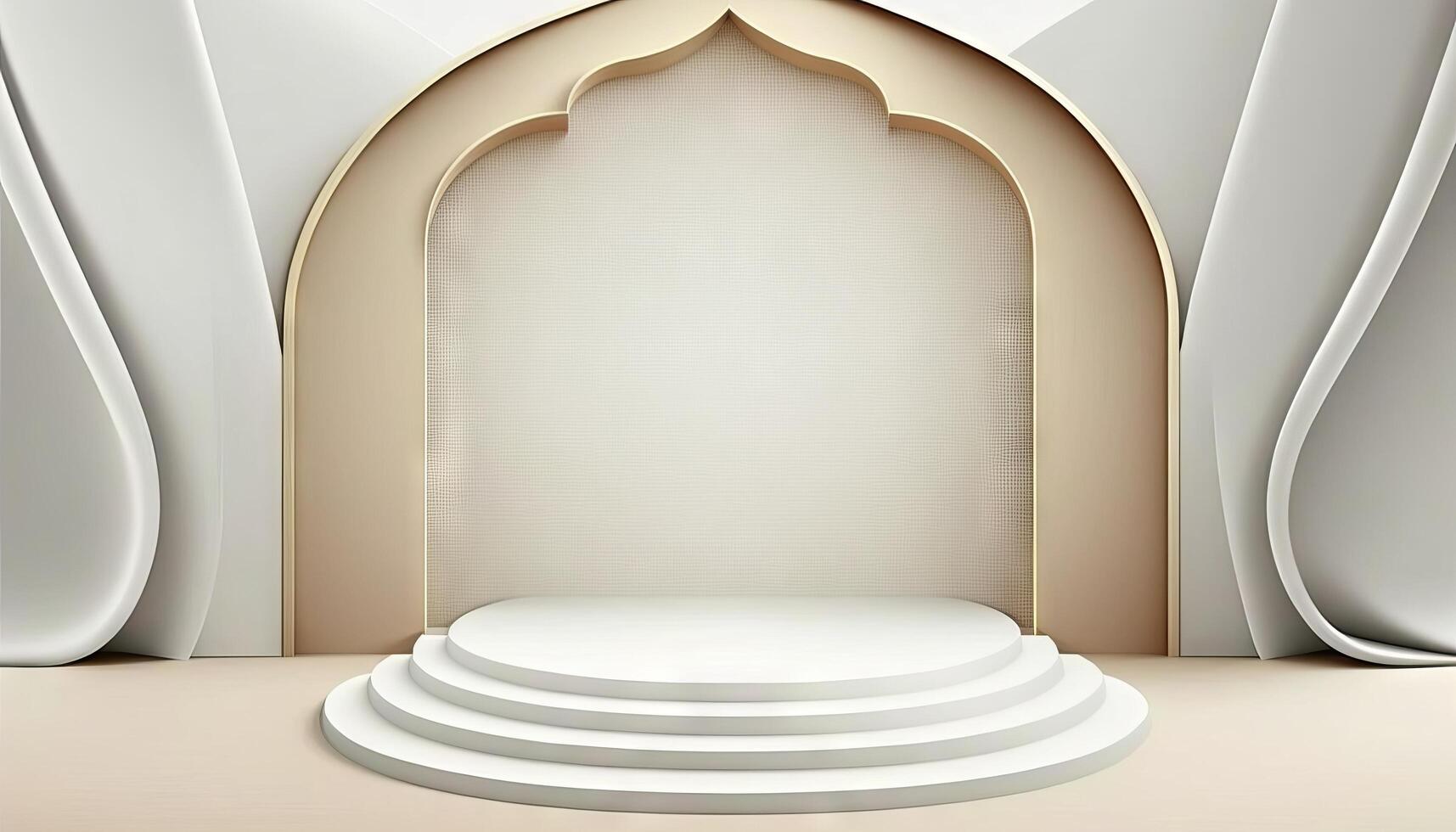 blanc doux pastel podium islamique Contexte. ramadhan ornement sur blanc doux tapis Contexte. génératif ai photo