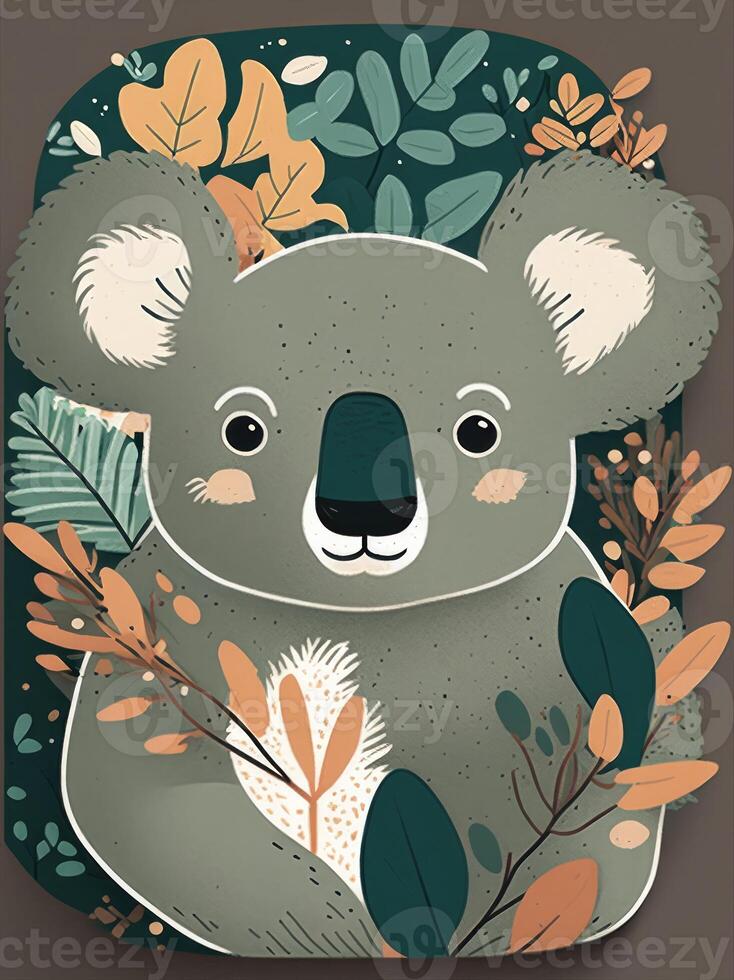 ai généré koala visage dessin animé avec floral et eucalyptus. photo