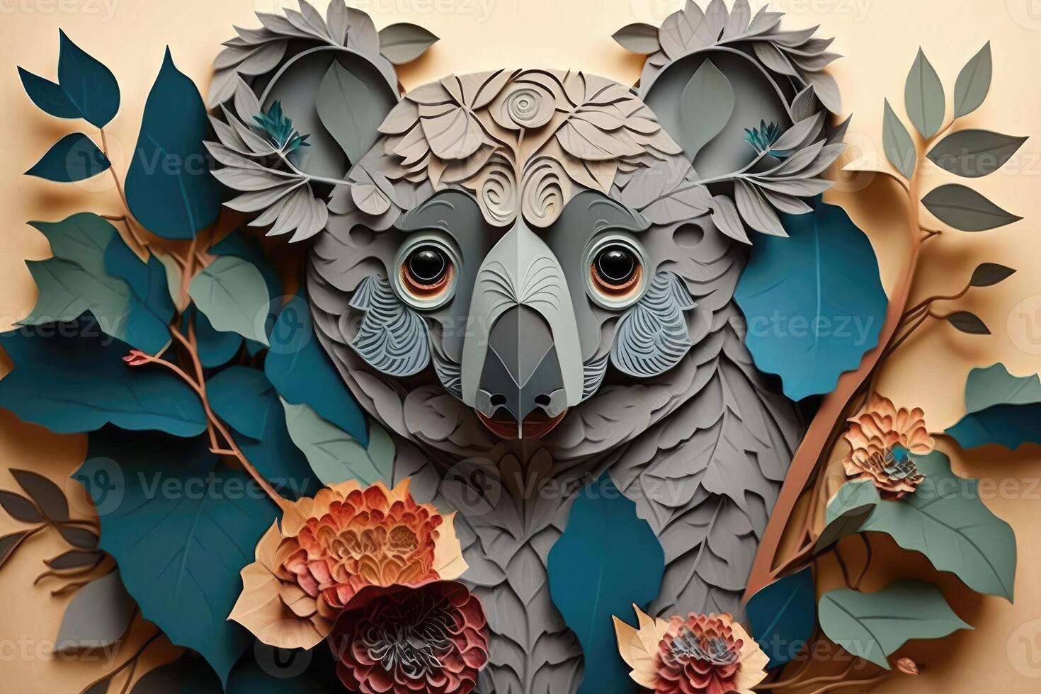 papier art koala visage avec floral. ai généré photo