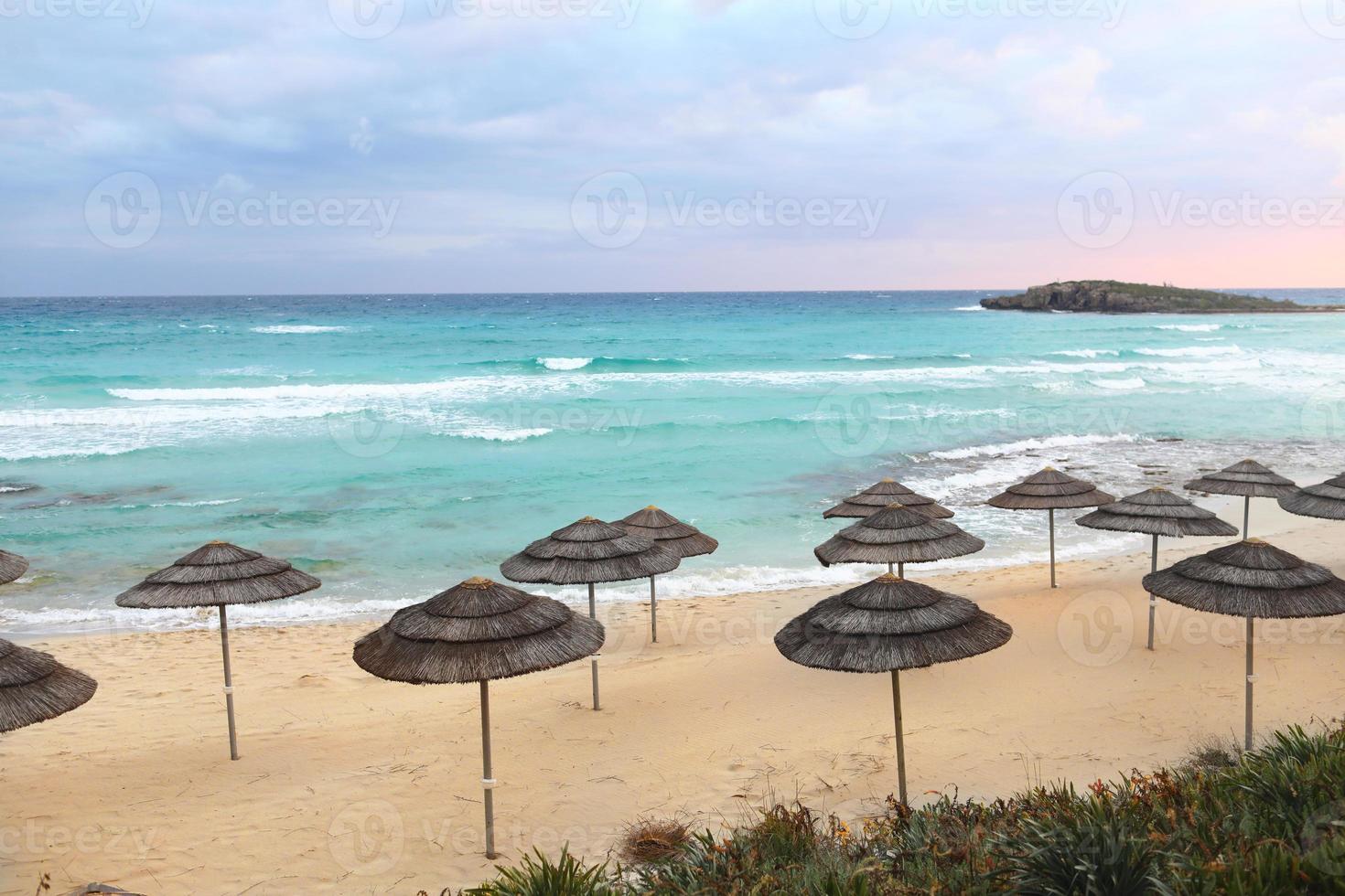 parasols de paille sur une plage au coucher du soleil photo