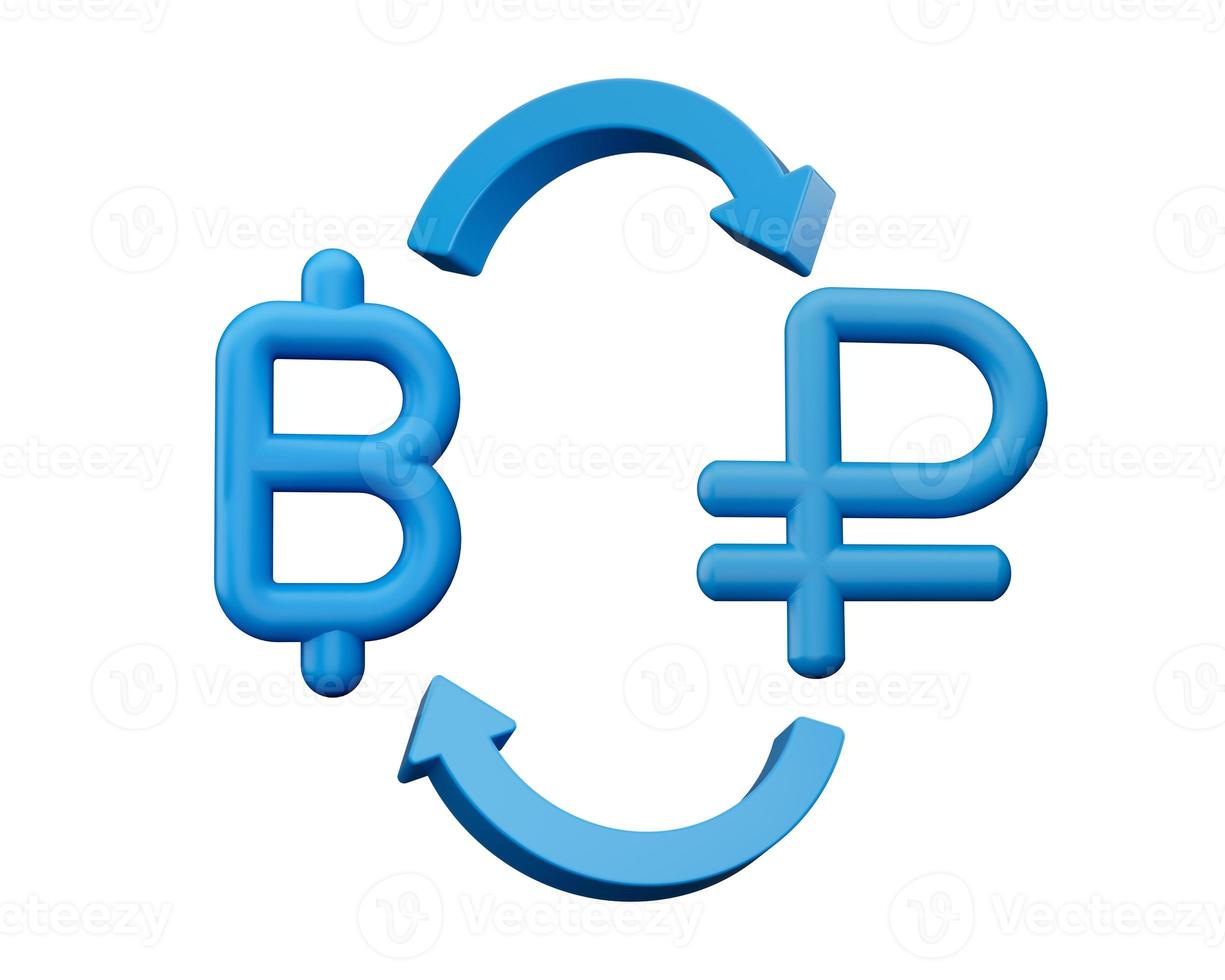 3d bleu baht et rouble symbole Icônes avec argent échange flèches sur blanc arrière-plan, 3d illustration photo
