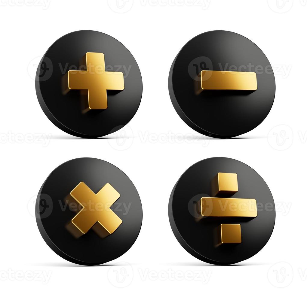3d d'or plus, moins, multiplier et diviser symbole sur arrondi noir Icônes, 3d illustration photo