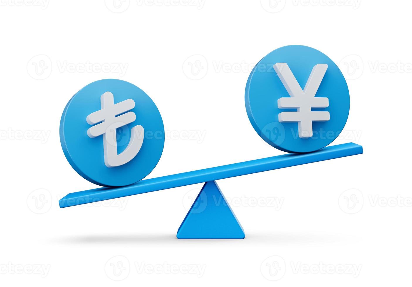 3d blanc lire et yen symbole sur arrondi bleu Icônes avec 3d équilibre poids bascule, 3d illustration photo