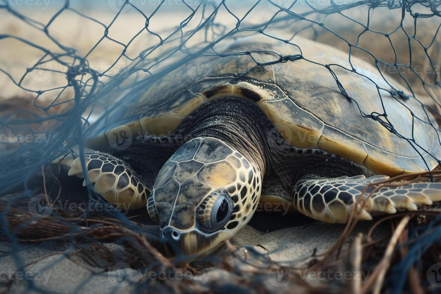 Tortue Piégée Dans Des Déchets Plastiques Flottant Dans La