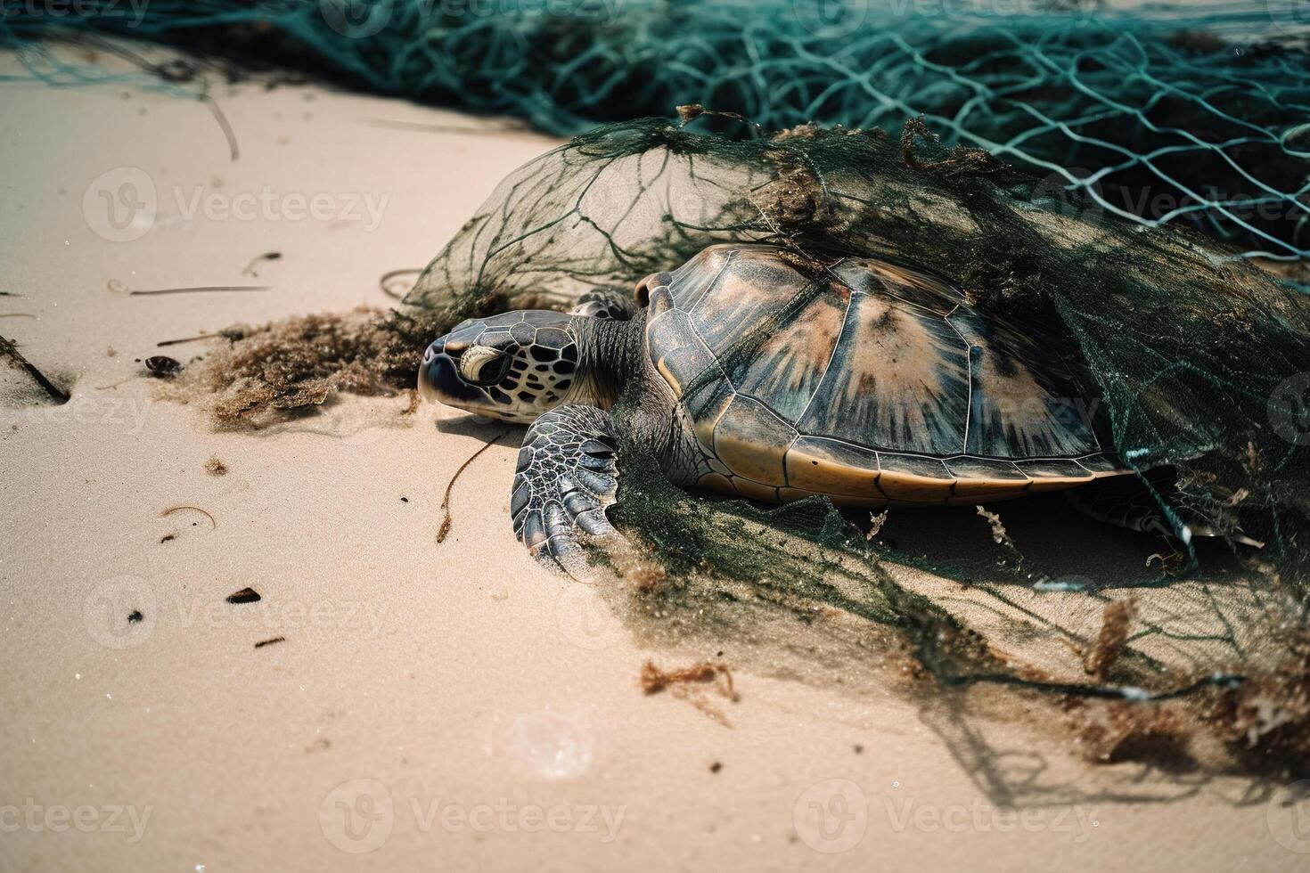 tortue piégé dans Plastique des ordures mensonge sur le plage. le concept de un écologique catastrophe causé par Plastique ordures. ai généré photo