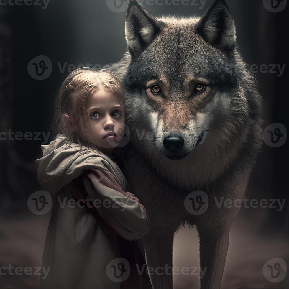 illustration Loup avec une mignonne fille fabriqué avec génératif ai photo