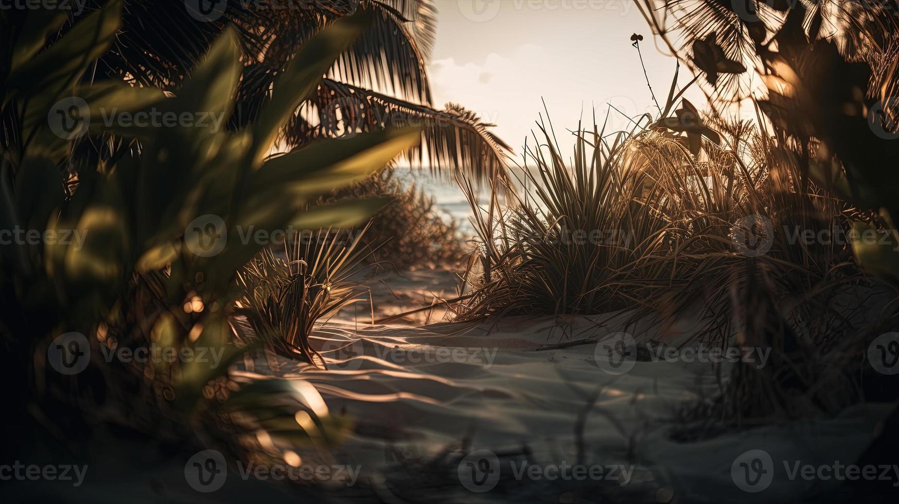 tropical plage avec paume des arbres et le sable dunes à coucher de soleil, bleu mer photo