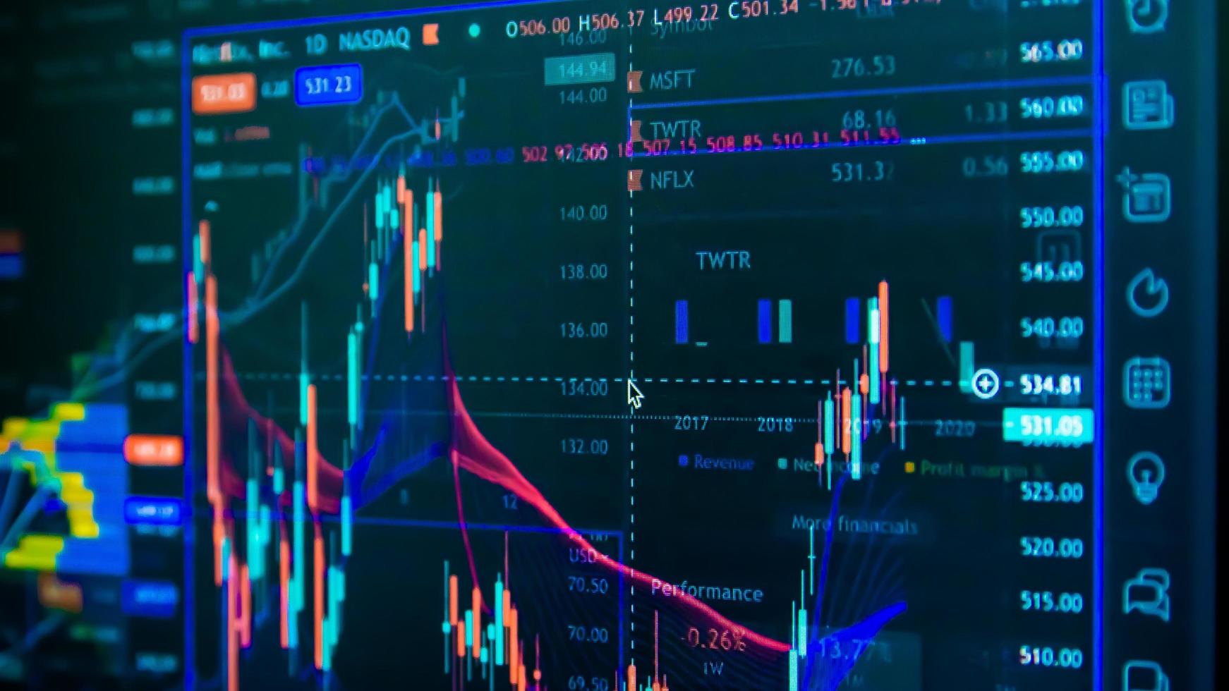 Stock marché graphique sur numérique filtrer. affaires et financier investissement concept. photo
