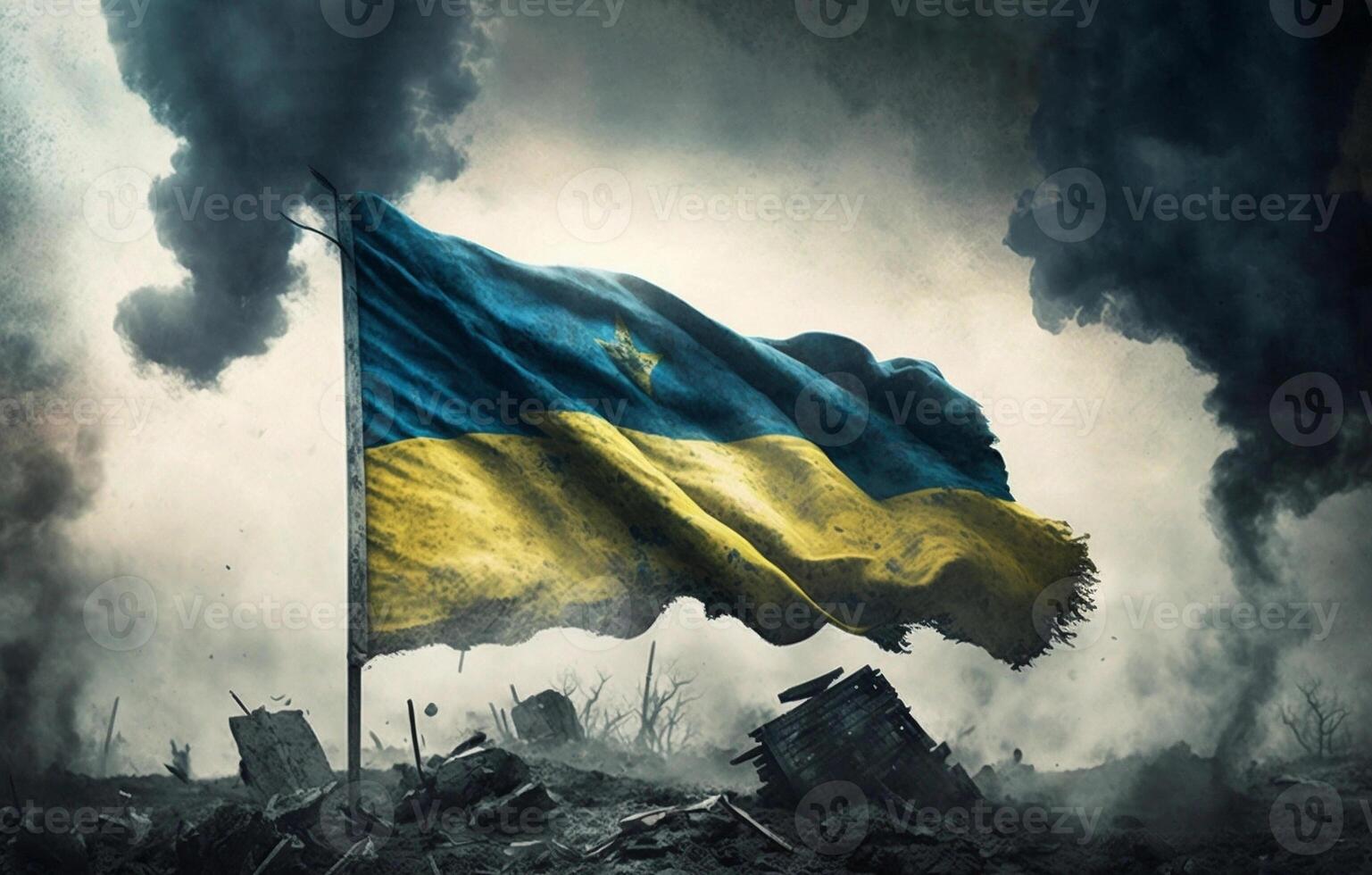 une Ukraine drapeau soufflant dans le guerre déposé - génératif ai photo