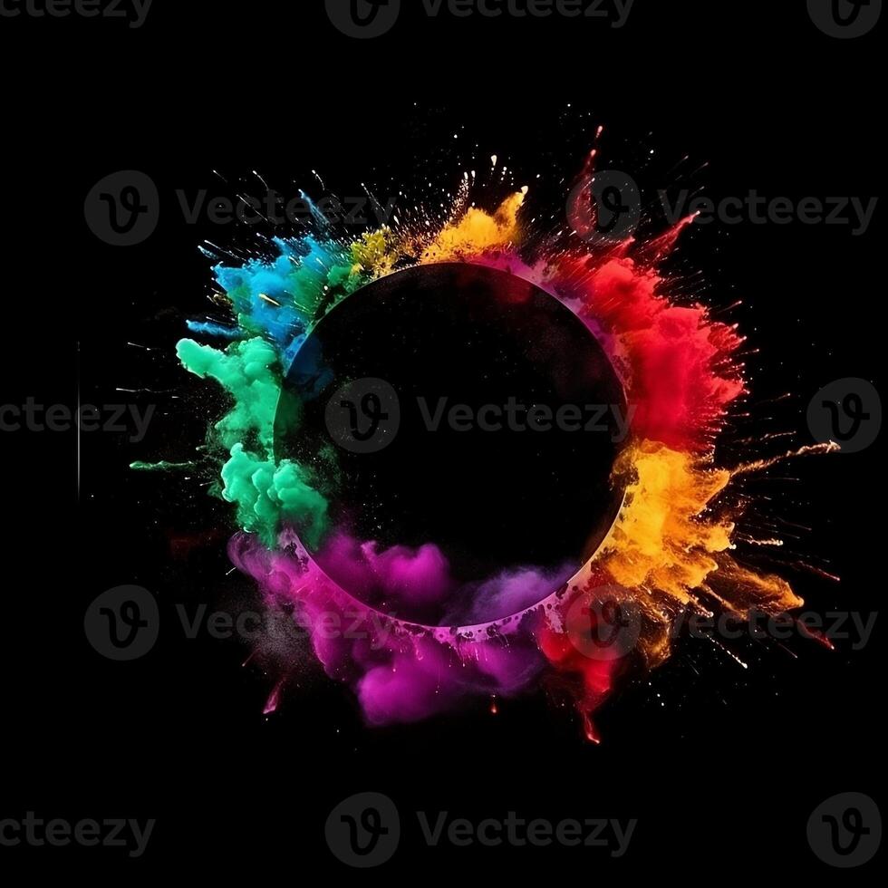 Holi poudre Couleur éclaboussure des peintures rond frontière isolé sur noir Contexte coloré explosion - ai généré photo