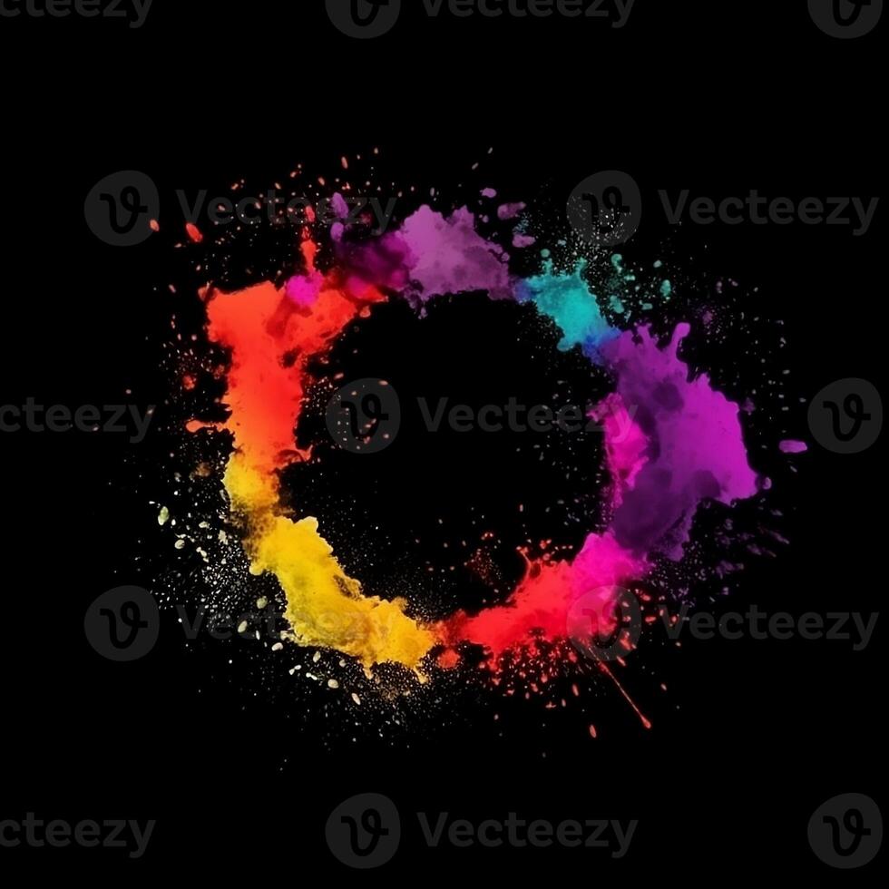 Holi poudre Couleur éclaboussure des peintures rond frontière isolé sur noir Contexte coloré explosion - ai généré photo