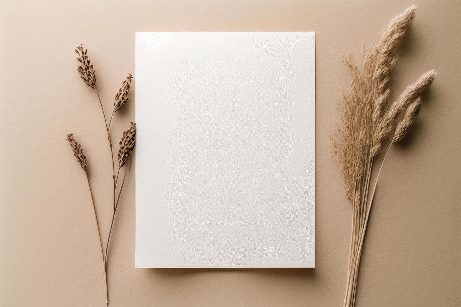 blanc papier vide Vide séché herbe décoration sur beige. illustration ai génératif photo