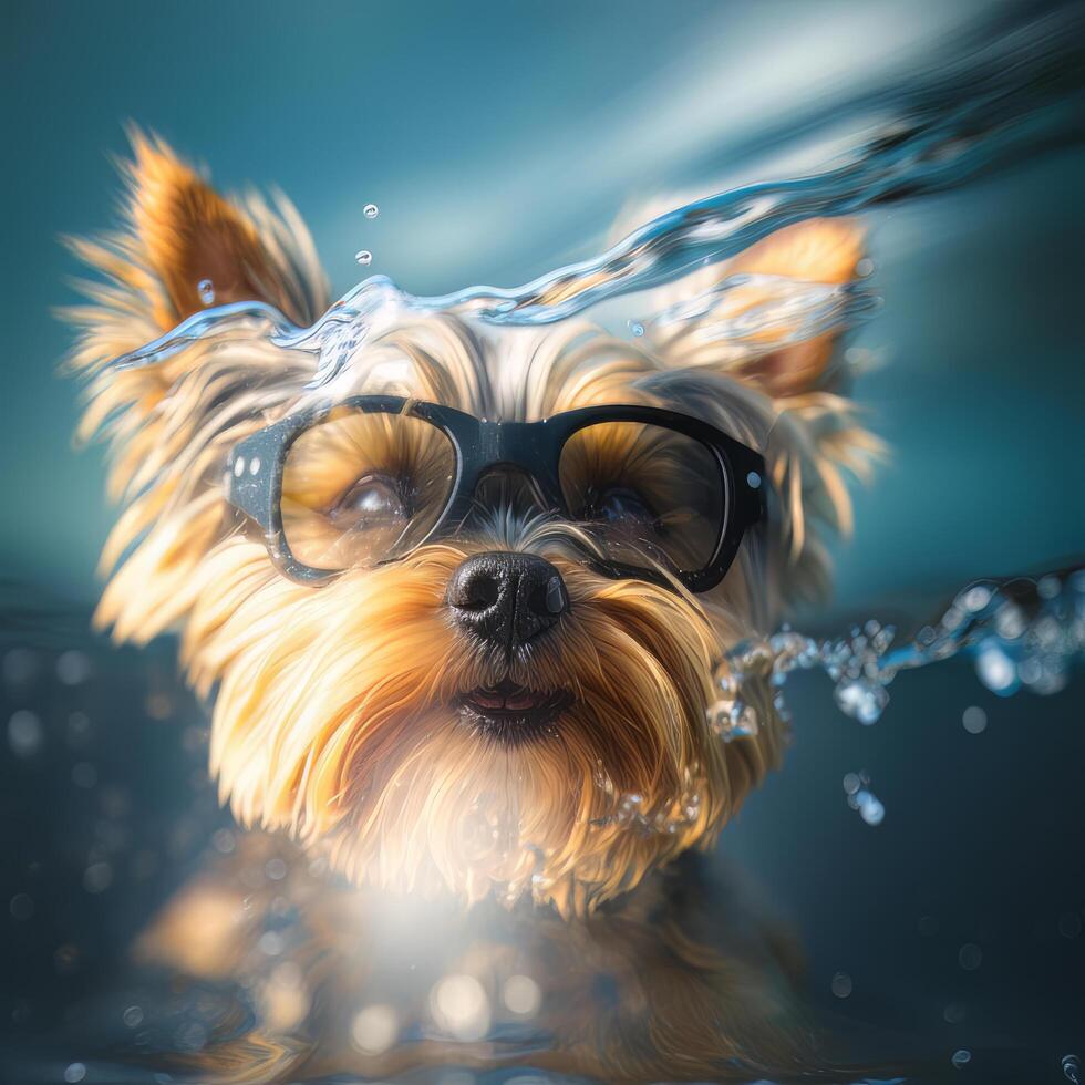 Yorkshire terrier dans Soleil des lunettes de protection le surf sur bleu l'eau. illustration ai génératif photo