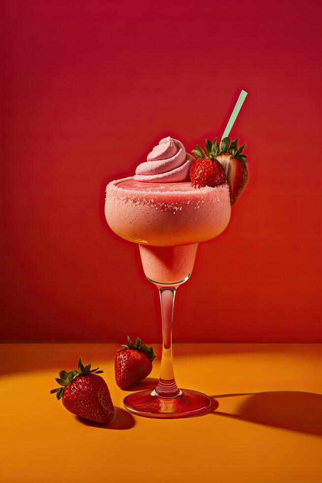 fraise Margarita cocktail sur une rose Contexte. illustration ai génératif photo