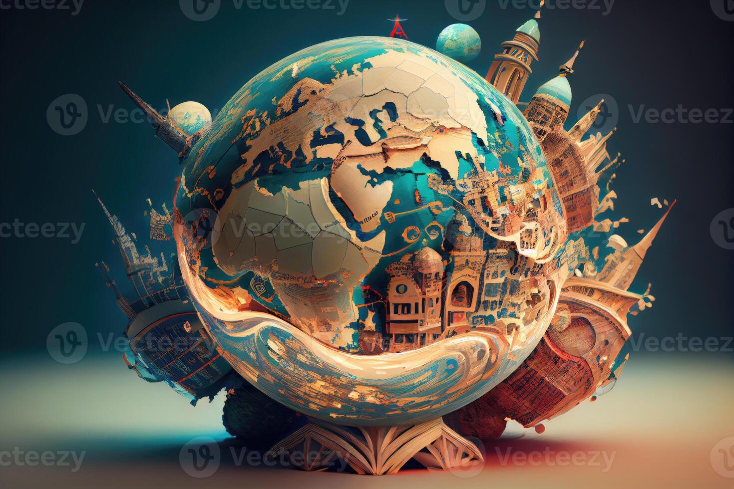 Terre globe conception, monde carte 3d génératif ai illustration photo