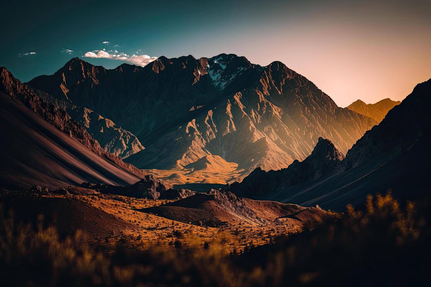 montagnes pendant le coucher du soleil. magnifique Naturel paysage. illustration ai génératif photo