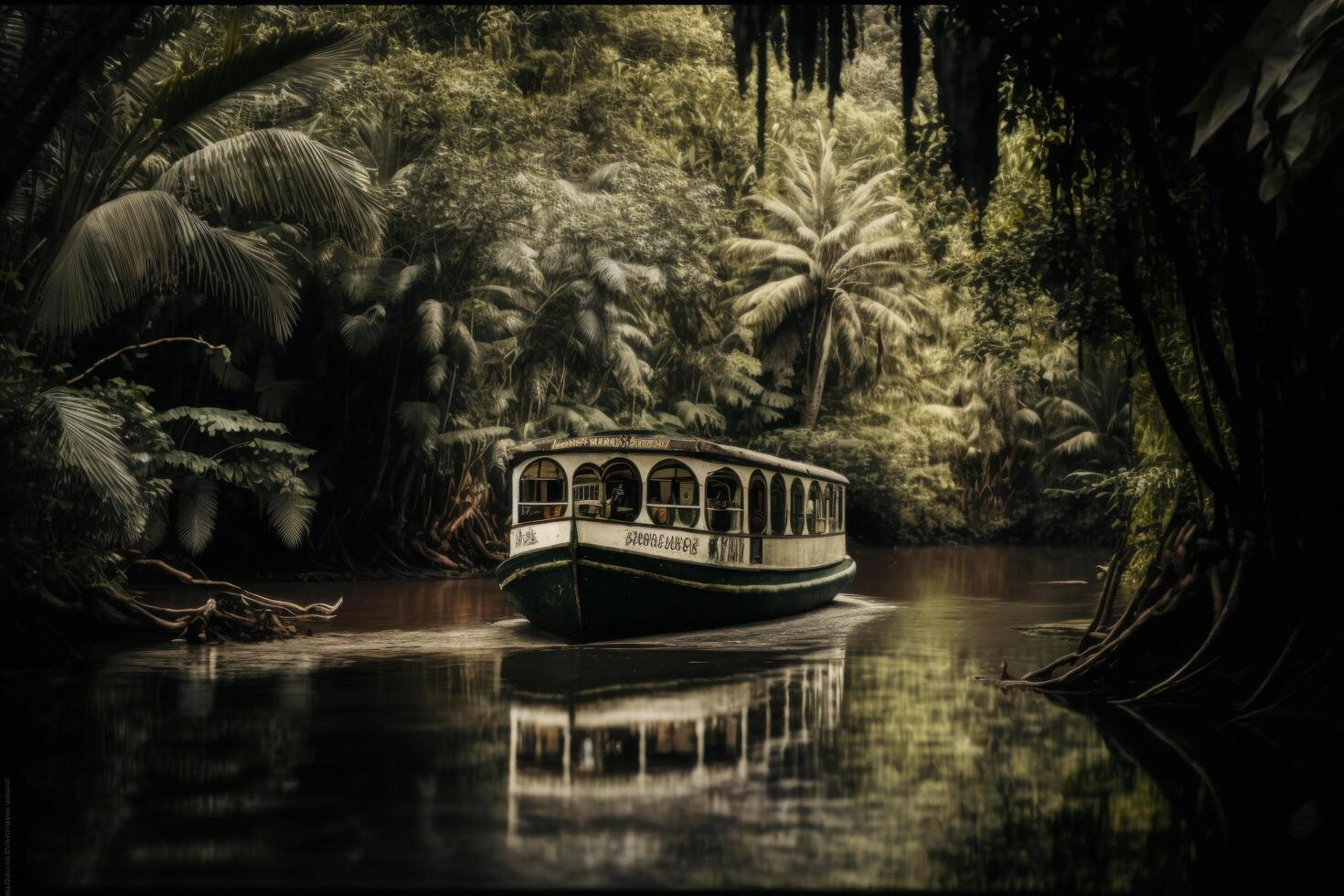 bateau flotteurs sur le rivière dans tropical forêt. illustration ai génératif photo